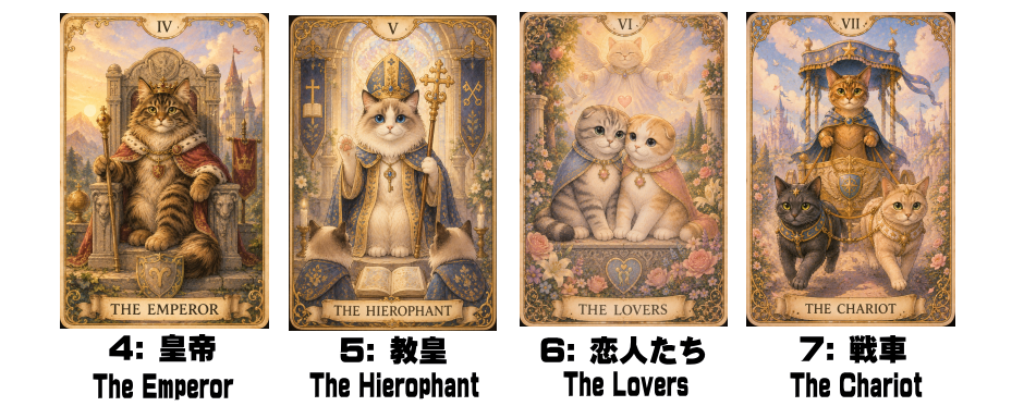 4: 皇帝 - The Emperor、5: 教皇 - The Hierophant、6: 恋人たち - The Lovers、7: 戦車 - The Chariot